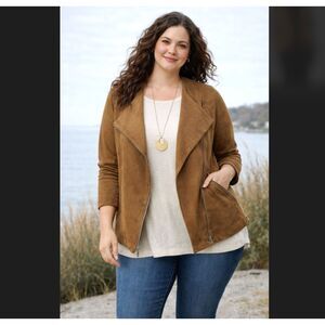 J Jill Faux Suede Moto Jacket 3X Brown Asymmetrical Zip Soft Casual Chic Minimal
